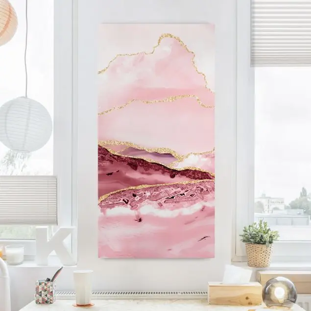 Abstrakte Berge Rosa mit Goldenen Linien Leinwandbild • hergestellt in Deutschland • langlebiges Canvas mit Holzkeilrahmen • klassische Struktur Preisknaller