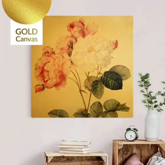 Pierre Joseph Redouté - Damaszener-Rose Leinwandbild Gold Mega-Angebot