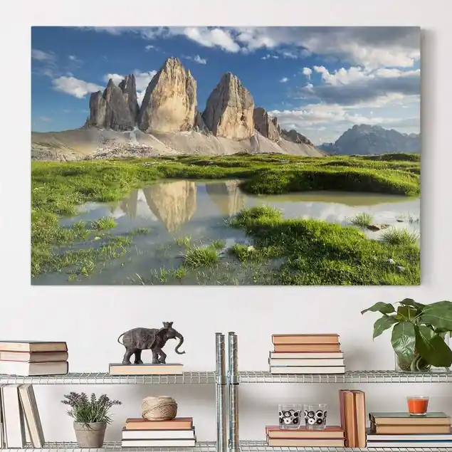 Südtiroler Zinnen und Wasserspiegelung Leinwandbild • hergestellt in Deutschland • langlebiges Canvas mit Holzkeilrahmen • klassische Struktur Neuheit