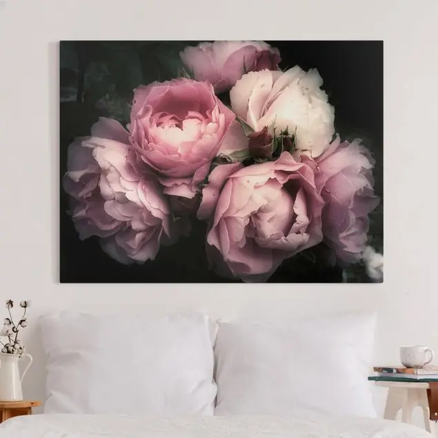 Preisknaller Pfingstrosen vor Schwarz Shabby Leinwandbild • hergestellt in Deutschland • langlebiges Canvas mit Holzkeilrahmen • klassische Struktur