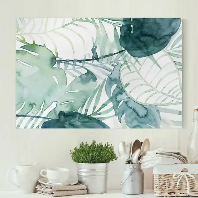 Palmwedel in Wasserfarbe II Leinwandbild • hergestellt in Deutschland • langlebiges Canvas mit Holzkeilrahmen • klassische Struktur Gratis Versand