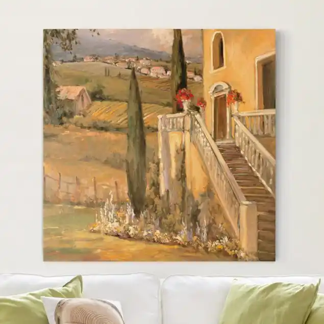 Italienische Landschaft - Haustreppe Leinwandbild • hergestellt in Deutschland • langlebiges Canvas mit Holzkeilrahmen • klassische Struktur Preiswert