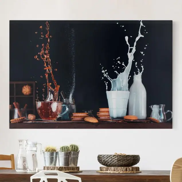 Milch und Tee Komposition Leinwandbild • hergestellt in Deutschland • langlebiges Canvas mit Holzkeilrahmen • klassische Struktur Meistverkauft