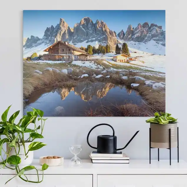 Berghütte Leinwandbild • hergestellt in Deutschland • langlebiges Canvas mit Holzkeilrahmen • klassische Struktur Mega-Angebot