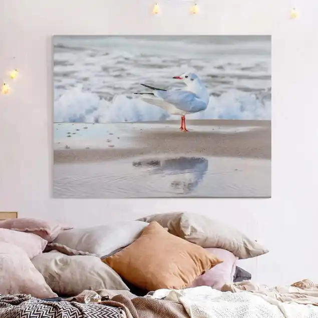 Möwe am Strand vor Meer Leinwandbild • hergestellt in Deutschland • langlebiges Canvas mit Holzkeilrahmen • klassische Struktur Bestseller