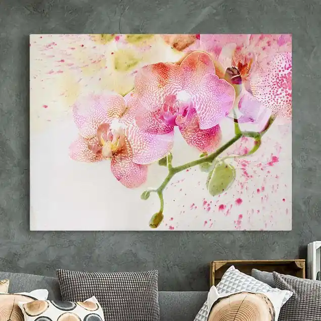 Aktuell Aquarell Blumen Orchideen Leinwandbild • hergestellt in Deutschland • langlebiges Canvas mit Holzkeilrahmen • klassische Struktur