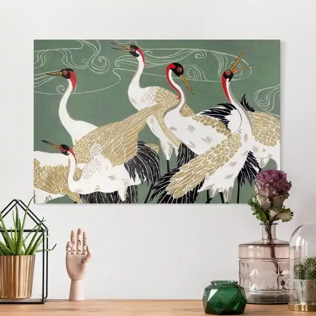 Kraniche mit goldenen Federn I Leinwandbild • hergestellt in Deutschland • langlebiges Canvas mit Holzkeilrahmen • klassische Struktur Versand Am Gleichen Tag