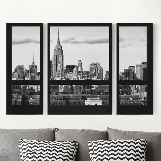Garantierte Lieferung Fensterblick New York Skyline schwarz weiß 3-teiliges Leinwandbild