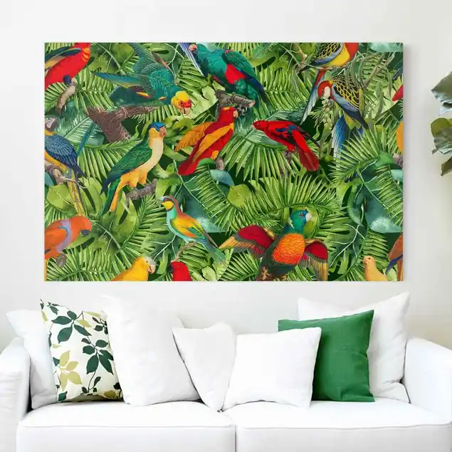 Mega-Angebot Bunte Collage - Papageien im Dschungel Leinwandbild • hergestellt in Deutschland • langlebiges Canvas mit Holzkeilrahmen • klassische Struktur