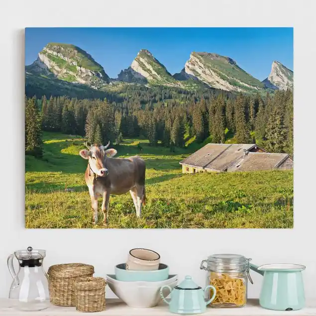 Jetzt Kaufen Schweizer Almwiese mit Kuh Leinwandbild • hergestellt in Deutschland • langlebiges Canvas mit Holzkeilrahmen • klassische Struktur