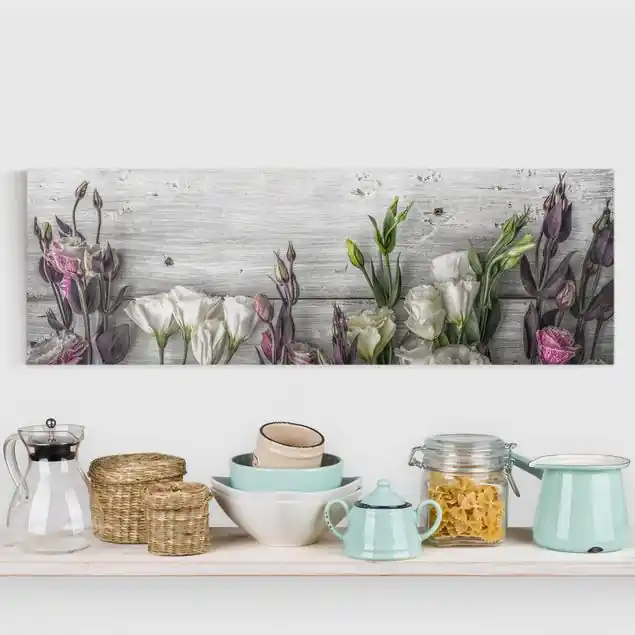 Preiswert Tulpen-Rose Shabby Holzoptik Leinwandbild • hergestellt in Deutschland • langlebiges Canvas mit Holzkeilrahmen • klassische Struktur