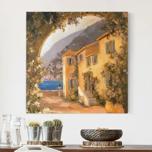 Italienische Landschaft - Blumenbogen Leinwandbild • hergestellt in Deutschland • langlebiges Canvas mit Holzkeilrahmen • klassische Struktur Direktkauf