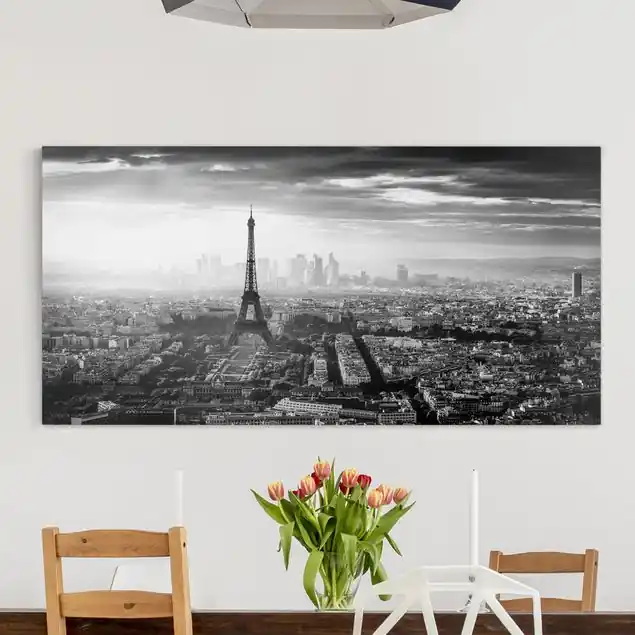 Der Eiffelturm von Oben Schwarz-weiß Leinwandbild • hergestellt in Deutschland • langlebiges Canvas mit Holzkeilrahmen • klassische Struktur Bestseller