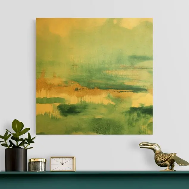 Preiswert Blauer Safran Leinwandbild • hergestellt in Deutschland • effektvolles Canvas Gold mit Holzkeilrahmen • schimmernder Goldeffekt