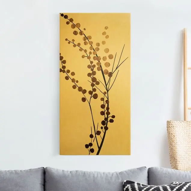 Kostenloser Rückversand Grafische Pflanzenwelt - Beeren Gold Leinwandbild