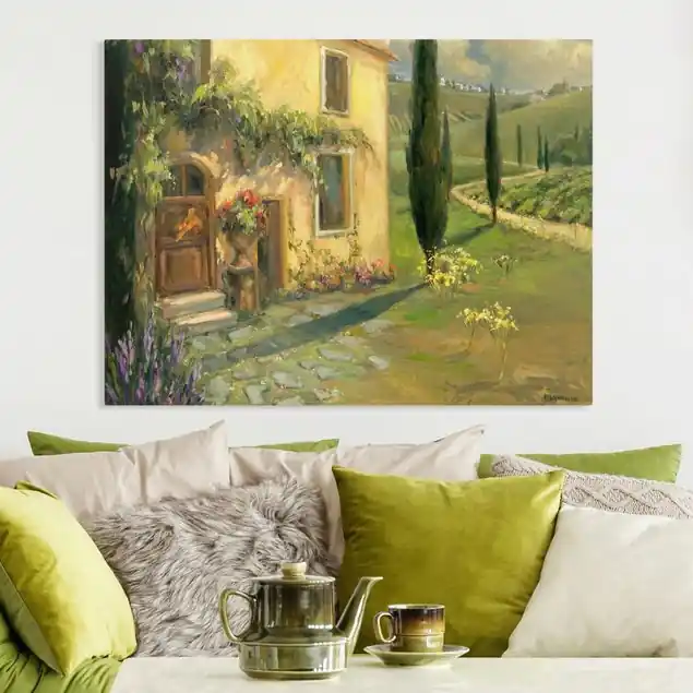 Italienische Landschaft - Zypresse Leinwandbild • hergestellt in Deutschland • langlebiges Canvas mit Holzkeilrahmen • klassische Struktur Rabatt