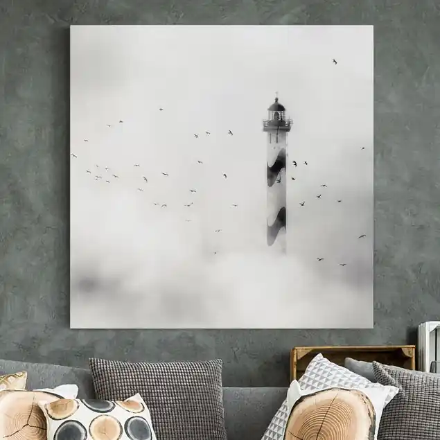 Leuchtturm im Nebel Leinwandbild • hergestellt in Deutschland • langlebiges Canvas mit Holzkeilrahmen • klassische Struktur Bestseller