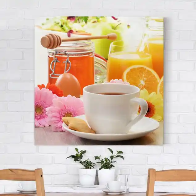 Sommerlicher Frühstückstisch Leinwandbild • hergestellt in Deutschland • langlebiges Canvas mit Holzkeilrahmen • klassische Struktur Nur Für Kurze Zeit