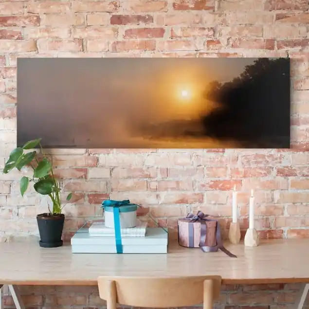 Top-Preis Sonnenaufgang am See mit Rehen im Nebel Leinwandbild • hergestellt in Deutschland • langlebiges Canvas mit Holzkeilrahmen • klassische Struktur
