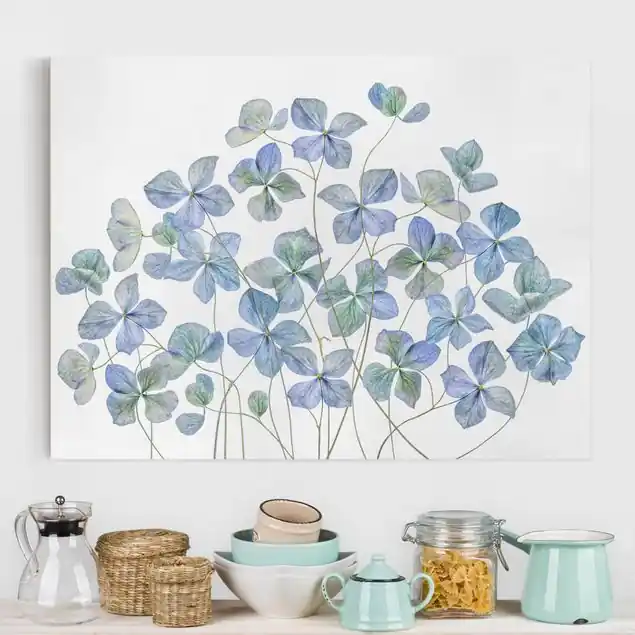 Blaue Hortensienblüten Leinwandbild • hergestellt in Deutschland • langlebiges Canvas mit Holzkeilrahmen • klassische Struktur Direktkauf