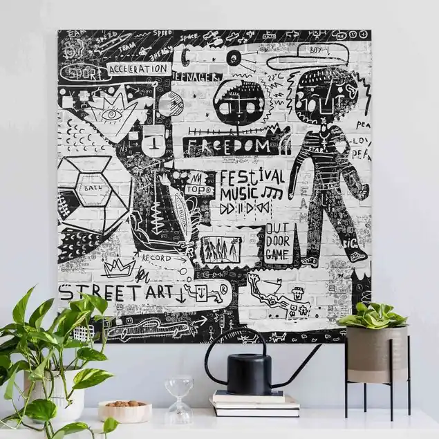 Abstract Graffiti Art Schwarz Weiß Leinwandbild • hergestellt in Deutschland • langlebiges Canvas mit Holzkeilrahmen • klassische Struktur Top-Seller