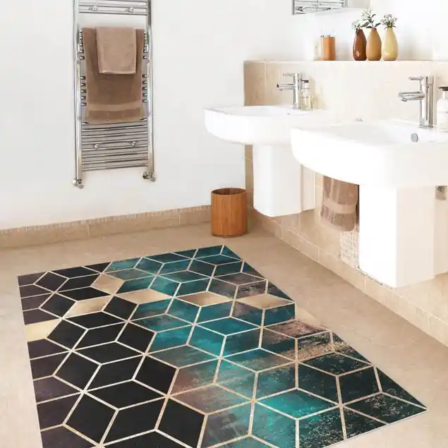 Türkis Rosé goldene Geometrie Premium Vinylteppich 2,2 mm • hergestellt in Deutschland • glatt • abwaschbar • ideal für Haushalte mit Tieren Garantierte Lieferung